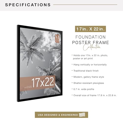 Image of MCS Foundation 17 x 22 Poster Frame Traditional Black, Vertical & Horizontal Wall Hanging Large Picture Frame for Photos, Posters & Art Prints (1-Pack)
