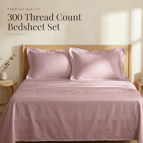 Image of Huesland Luxury 300 Thread Count 100% Pure Cotton Luxe Soft Touch Bedsheet for Double Bed King Size with 2 Pillow Covers | Cameo Pink | 108 x 108 Inches