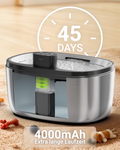 5L Trinkbrunnen für Hunde, Edelstahl Hundebrunnen mit LED Sensor, Katzenbrunnen Kabellos mit 4000mAh, 4-Schicht Filtration (Edelstahl, 5L)