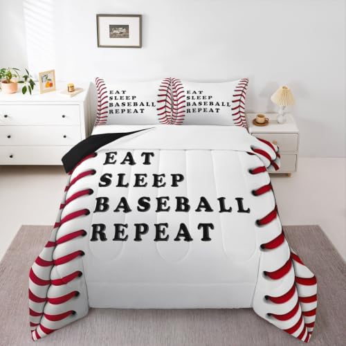 Image of Feelyou Baseball Comforter Set Queen Size Ball Pattern Bedding Set for Kids Boys Girls Eat Sleep Sports Theme Duvet Quilt Bedroom Decor Microfiber 3 Pcs with 2 Pillow Cases
