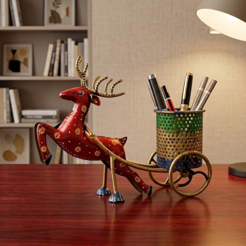 Image of Deer Pen Stand Metal Desk Organiser, Bronze Antique Finish 3-in-1 Pencil Holder Table Showpiece for Office Table Decor, Corporate Bulk Gifting Object (25x10x15 cm)