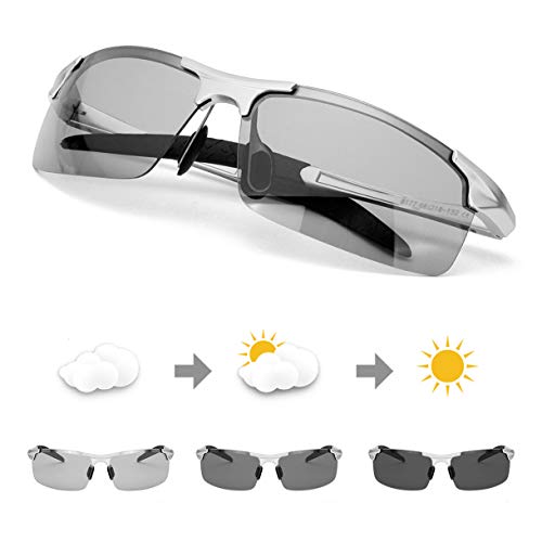 TJUTR Homme Lunette De Soleil Photochromiques Polarisées Conduite Pêche Golf Eyewear 100% UVA UVB Protection (Argenté/Gris)