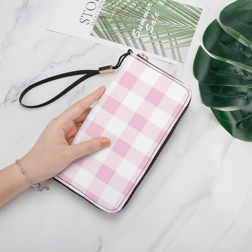 Light Pink White Checkered Texture PU Leather Clutch Long Bifold Wallet, Coin Purse Credit Pass Case, Durable Card-Holder Money Storage for Women Men4
