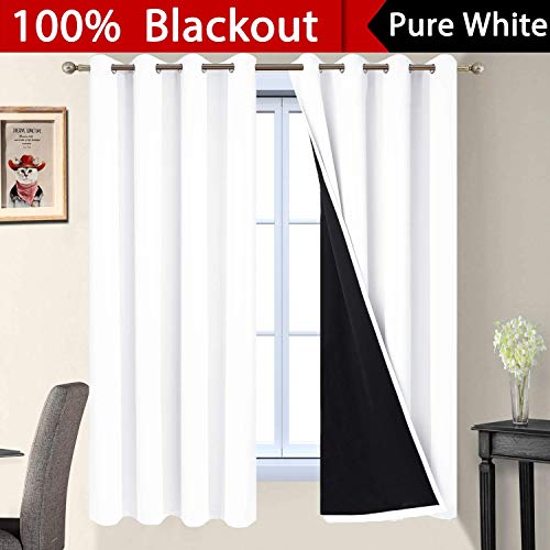 Image of Yakamok Pure White 100% Blackout Curtains 63 Inches Long 52 inch Wide 2 Panel | Blackout Curtain Panels for Bedroom, 2 Thick Layers Grommet Top Thermal Insulated Drapes with Black Liner for Living Room