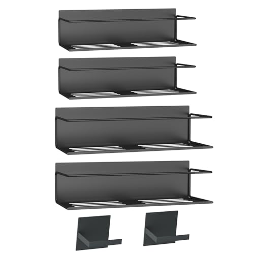 Image of Magnetic Spice Rack For Refrigerator, Magnetic Fridge Shelf For Kitchen, Magnetic Shelf For Fridge Space Saving Black 4 Pack With Magnetic Paper Towel Holder