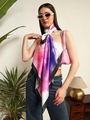 Image of Ravaiyaa - Attitude is everything Women Silk Digital Print Large Square Scarf Breathable Lightweight Neckerchief Printed Headscarf 40 inch x 40 inch Inch