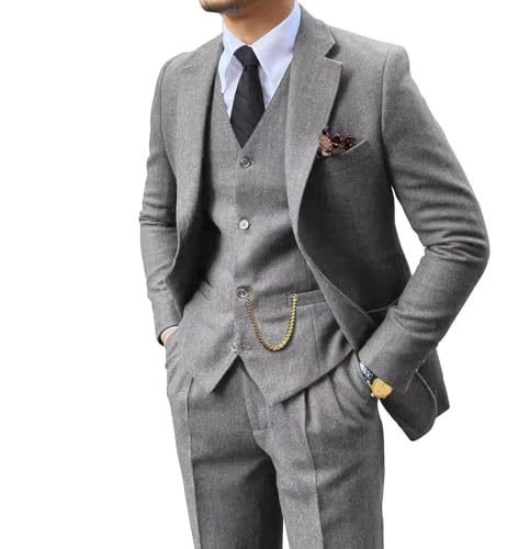 3 Piece Suit Tweed Herringbone Men's Suits Slim Fit Groom Tuxedos Set Prom Brown Grey Jacket Blazer Vest Pants Light Gray S