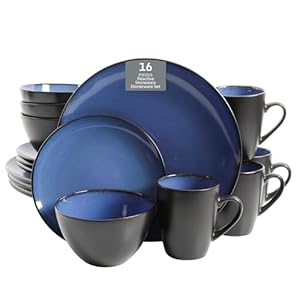Gibson Soho Lounge Round Reactive Glaze Stoneware Dinnerware Set, Service for 4 (16pc), Blue, Soho Round.