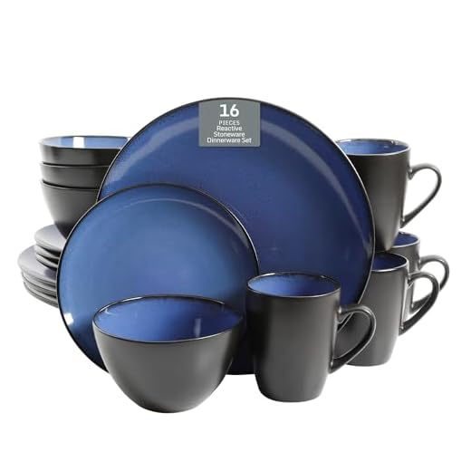 Gibson Elite Soho Lounge Round Reactive Glaze Stoneware Dinnerware Set, Service for 4 (16pc), Blue, Soho Round.