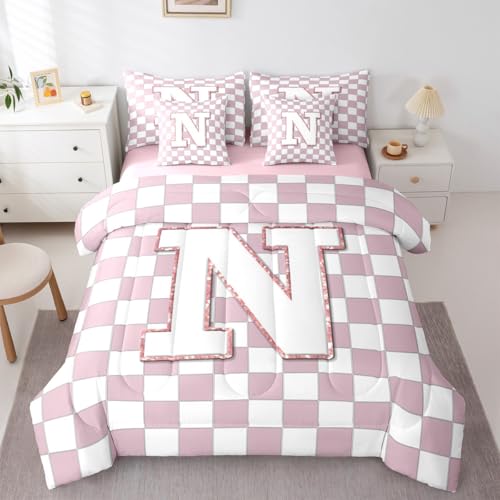 Image of Erosebridal Pink Initial N Queen Bedding Set 7 Piece Kawaii Plaid Checkered Bed in A Bag with Sheets Cute Personalized Monogram Comforter Set for Kids Girls Teen Women,Fashion Grids Gingham Bed Sets