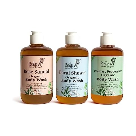 Rustic Art Organic Body Wash (Rose Sandal + Floral Shower + Rosemary Peppermint, 300 ml (Pack of 3) Cover
