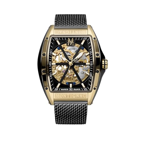 Montre automatique homme cadran squelette et bracelet maille milanaise noire Montignac