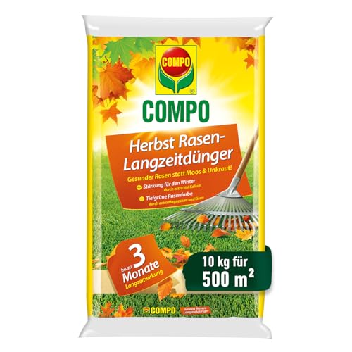 Frühjahrsdünger mit Langzeitwirkung versando Rasendünger 10kg für ca. 300m² sattgrünen Rasen, ganzjährig - ohne Moos und Unkraut, NPK-Dünger 2 Compo Herbst-Rasen Langzeit-Dünger, 3 Monate Langzeitwirkung, Granulatform, 10 kg, 500 m²