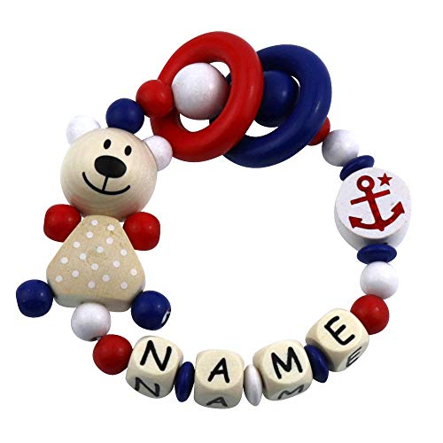 Premium Greifling mit Namen HOLZ Rassel Modell Teddybär Anker rot