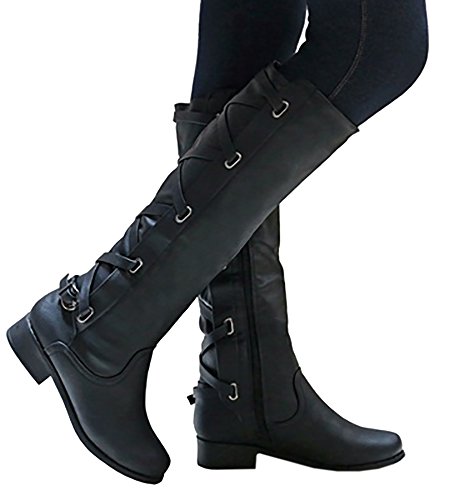 Syktkmx Womens Winter Knee High Riding Boots Back Lace Up Side Zip Chunky Flat Low Heel Closed Toe Shoes #TOP6