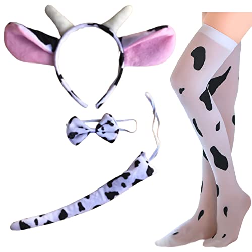 OLYOLY【4点セット】牛柄 カチューシャ 尻尾 チョーカー ニーハイ ソックス コスプレ 衣装 小物 (07) - 画像1