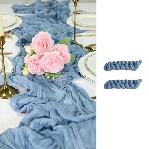 2 Pack Dusty Blue Cheesecloth Table Runners 35x120 Inch, Wide Pleated Boho Gauze Runner for Wedding Baby Shower Birthday Party, Semi-Sheer Rustic Table Decor