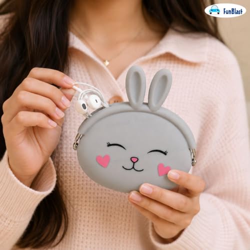 Image of FunBlast Cute Bunny Shape Silicone Coin Purse for Kids & Adults - Mini Pouch for Coins, Earphones, Keys & Small Essentials, Aesthetic Pouches for Girls & Women - 12 X 9.5 X 3 Cm (Bunny-Grey)