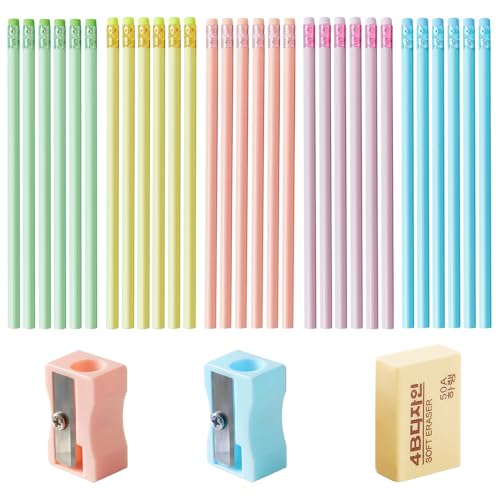 Xynovate HB Pencils, Lápiz de Grafito con Goma de Borrar y Sacapuntas, Paquete de 30 Lápices de Madera, 5 Colores de Cuerpo Diferentes para Dibujar Escribir Papelería