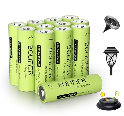 BOLIFIER Rechargeable AA Battery for Outdoor Solar Lights, 12 Pack 1.2V NiMH 1000mAh Pre-Charged Double A Solar Battery for Garden Landscaping Outdoor Solar Lights (AA 1000mAh Pack 12)