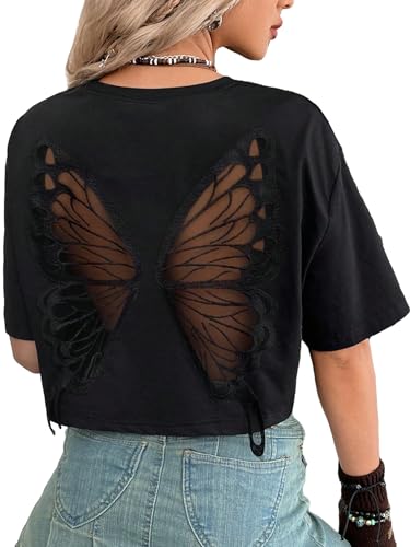 Verdusa Women's Butterfly Mesh Fairy T Shirts Drop Shoulder Goth Crop Tops