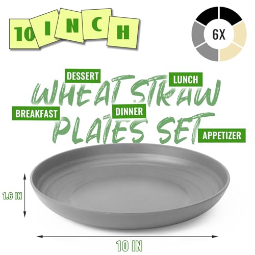 Image of 6PCS Reusable Wheat Straw Plates, 10In Plastic Plates for Camping