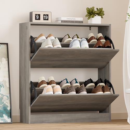 Image of BORNOON Shoe Cabinet with 2 Flip Drawers, Slim Narrow Shoe Storage Cabinet, Freestanding Shoe Organizer with Adjustable & Removable Shelves, Top Display Shelf for Entryway, Hallway, Foyer, Closet