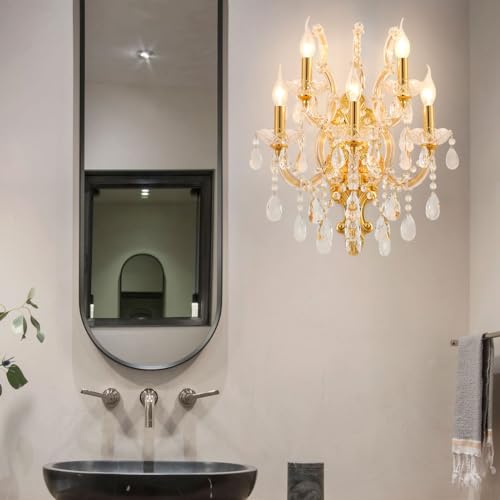 Image of YLONG-ZS Large Modern Crystal Wall Lights - 5 Lights Wall Lamp Chandelier Light Fixtures, Gold Wall Mounted Sconce for Hotel, Living Room, Hall, Lobby