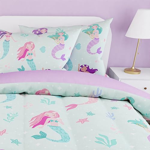 Image of SANDJEST Mermaid Comforter Set Full Size 98x86in for Kids Girls, Microfiber 4 Pcs Bedding Set Includes 1 Comforter, 2 Pillowcases, 1 Fitted Sheet, Nursery Room Decor