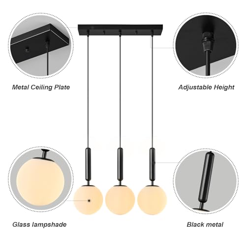 Image of Modern Black Pendant Lights Kitchen Island Mid Century with Globe Pendant Light Milk White Glass Pendant Lighting for Living Room Bedroom Entryway (3 Lights)