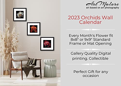 Orchids Flowers 2023 Wall Calendar Medium With Additional 2024 Year Page With Cover Image. Include Moon Phases 2023. Calendar Square Size 9 1/4 X 9 1/4 Inch, Open 9 1/4 X 18 1/2. Every Artwork Fit Ready-Made Frames In 8X8 Or 9X9 Inch Standard Picture Frame Or Larger With Corresponding Mat Opening. Great For Small Spaces - Home Office, School Lockers, Dorm Rooms, Cubicles Organization. Great Gift For Any Occasion. #TOP2