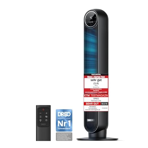 Dreo 20dB Leiser Turmventilator, 10 m Wurfweite 4 Geschwindigstufen 4 Modi 8 Std. Timer 90° oszillierende Ventilator mit Kühlung Fernbedienung für Schlafzimmer, Nomad One, Schwarz