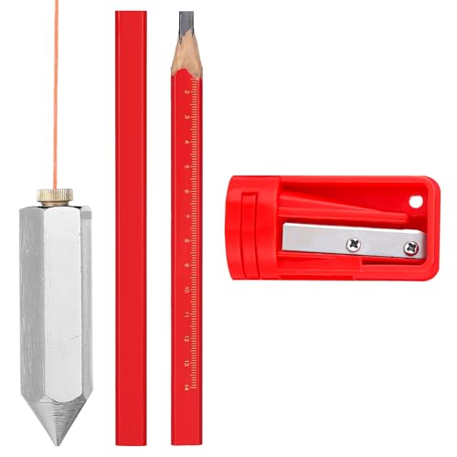 Leriton 8 oz Brass Plumb Bob with Replaceable Steel Tip 20 ft String & Hook 2 Carpenter Pencils & Sharpener Accurate Measuring Plum Bob Tool for Contractors Masons DIY Building Surveying (Hexagonal)