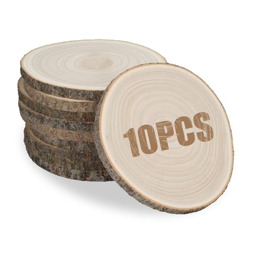 10Pack Unfinished Wood Slices 9 Inches - Natural Wood Rounds with Bark for Centerpieces, Wedding Decor, Crafts, DIY Projects - Rustic Table Decor, Wood Burning, Painting, Holiday & Party Decoration