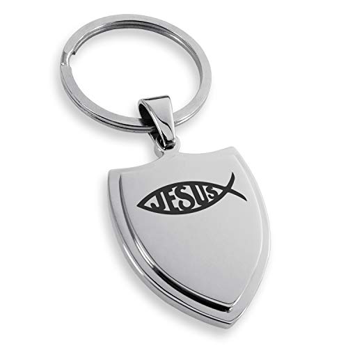 Stainless Steel Ichthus Jesus Fish Shield Keychain Keyring