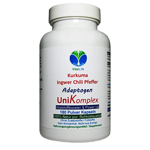 KURKUMA + INGWER + CHILI + PFEFFER - Piperin & Curcumin - UniKomplex - 180 Pulver Kapseln - Natur pur - OHNE ZUSATZSTOFFE. 27040-180