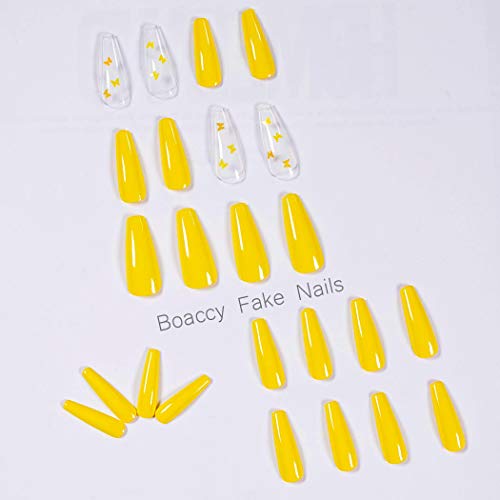 Boaccy Glossy Extra Long Coffin Fake Nails Butterfly Press On Nails Yellow Full Cover Clear False Nails For Women Girls (Yellow) #TOP1