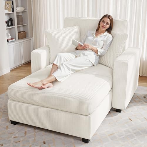 42\" Oversized Chaise Lounge Chair Indoor, Corduroy Upholstered Cloud Sofa Bed with Throw Pillows and Armrests, Comfy Leisure Plush Chair Bed, Sleeper Sofa Couch for Living Room, White