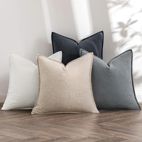 MIULEE Neutral Cream/Gray Linen Pillow Covers Pack of 4 Decorative
