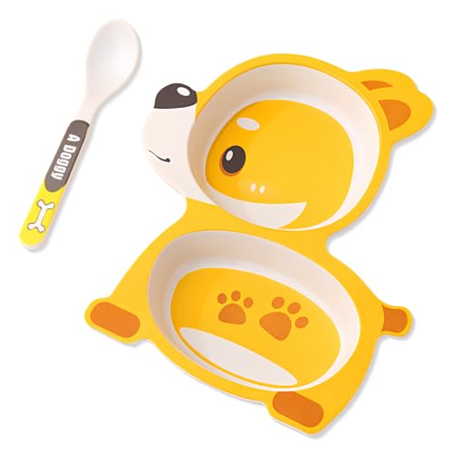 Plato dividido para niños pequeños con cuchara para bebés, cachorros Plato infantil para diversificación alimentaria y autoalimentación