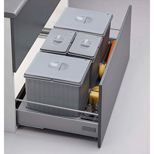 Azerodesign - Cubo De Reciclaje Para Interior - 2 Cubos De 14l Y 2 Cubos De 6,5l - Ancho Módulo 80-25x49x74 Cm - Base Recortable En Anchura Y Fondo - Color Gris - Material De Plástico Pvc