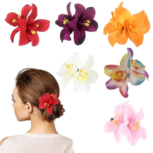 SIRLOMU 6 Piezas Clips Dobles de Orquídeas Hawaii, Flores Artificiales para Mujeres y Niñas, Accesorios para el Cabello, Horquillas para Fiestas, Bodas y Vacaciones (Multicolor)
