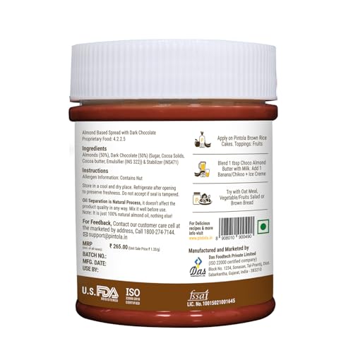 Image of Pintola Almond Choco Spread Crunchy 200g | High Protein & fiber | Gluten & cholesterol free | Crispy | Rich in vitamins & anti-oxidants | Made with dark chocolate (Pack of 2)