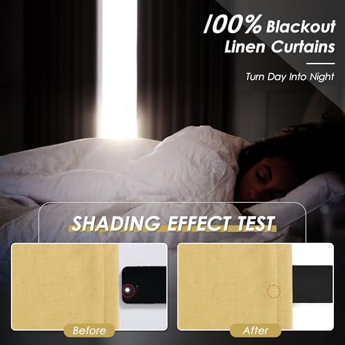 Image of Nanspring Gold Yellow 100% Blackout Linen Curtains 96 Inches Long for Bedroom Back Tab Thermal Insulated Modern Farmhouse Decor Black Out Curtain for Living Room Dining Room Drapes 52x96, 2 Panels