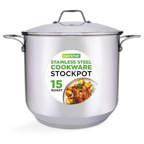 NutriChef Stainless Steel Stock Pot-18/8 Food Grade Heavy Duty Induction-Large, Stew, Simmering, Soup See Through Lid, Dishwasher Safe NCSP16, 15 Quart Pot