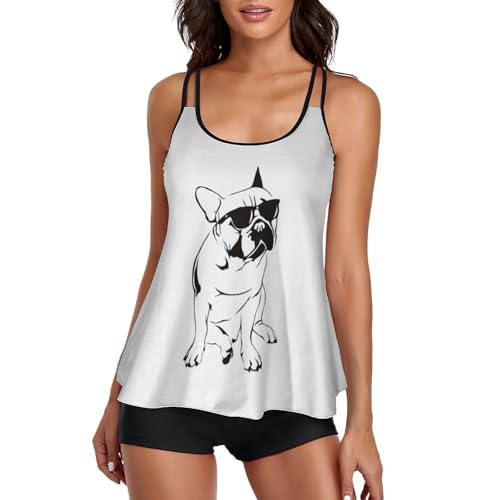 Trajes de baño para mujer tipo tankini bulldog francés con pantalones cortos elásticos
