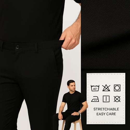 Image of Men's Chinos Stretchable Trousers with Expandable Waist - Lycra Cotton Blend Formal Casual Pants | Skin Friendly Solid Regular Fit