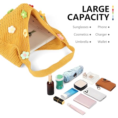 Image of PALAY Crochet Tote Bag Shoulder Bag Floral Hand Bag Hollow Out Bag Casual Tote Bag Multi-Purpose Crochet Travel Tote Bags for Women Office Use, College