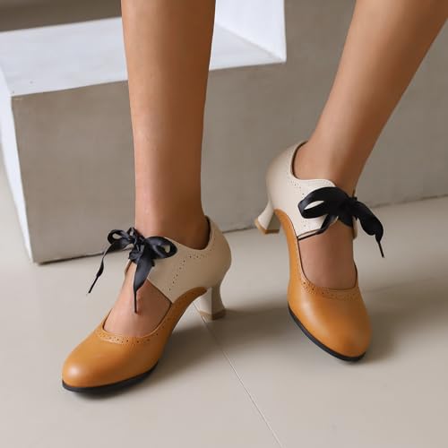 AlureAbys Women Vintage Mary Jane Shoes 50s Low Kitten Heels Round Toe Two Tone Lace up Wingtip Shoes Cut Out Women's Dress Pumps3