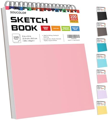 Soucolor Cute Sketchbook 9" x 12" for Women, 1-Pack 100 Sheets Spiral Notebook Drawing Pad for Girls, Pastel Girls' School Art Supplies for Beginner Artists, Arts and Crafts Gifts Set for Kids Adults